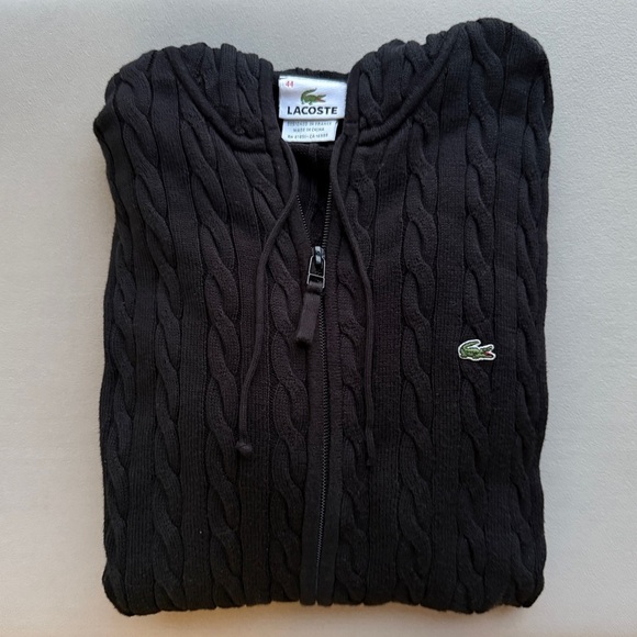 Lacoste Women’s Cable Knit Zip-Up Hoodie Cardigan, Cotton, Black, Sz 44 (=Large) - Picture 2 of 10